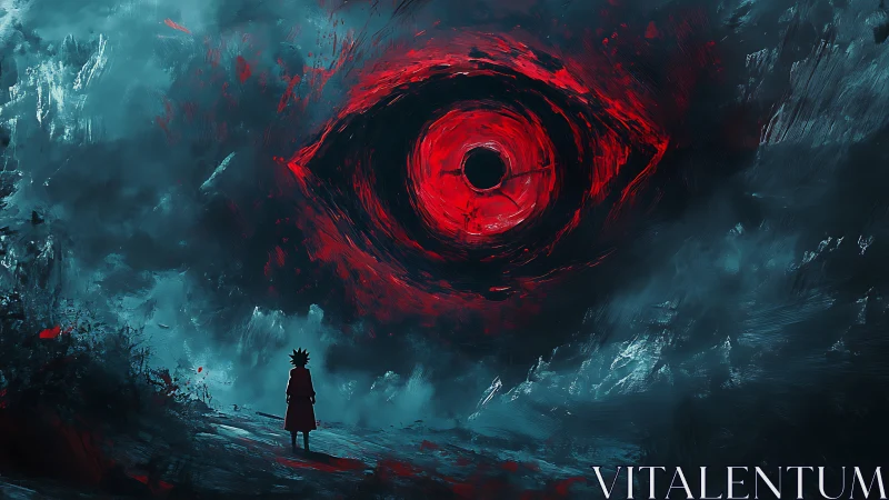 Solitary silhouette confronts vortex-like red eye in stormy void