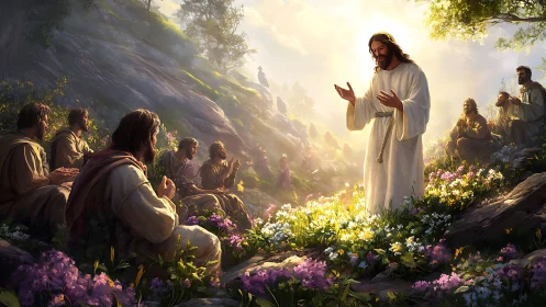 Jesus figure teaches disciples on sunlit hillside meadow