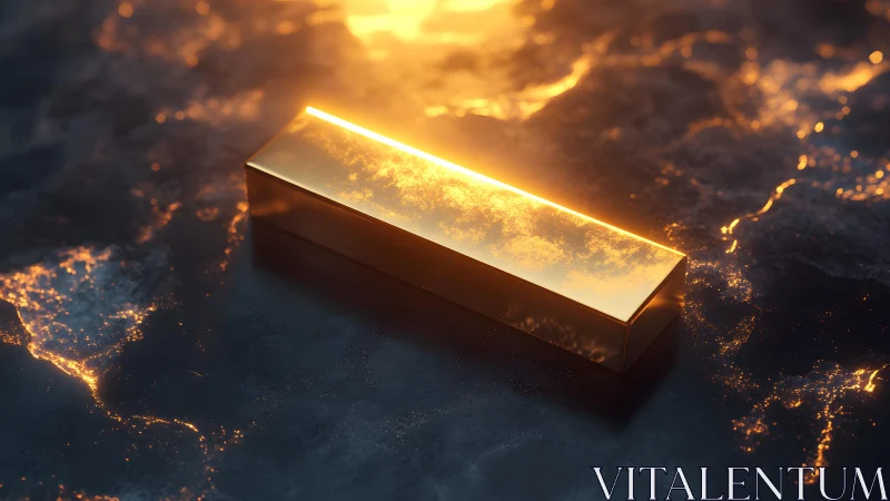 Shiny gold bar on dark reflective surface, dramatic lighting scene.