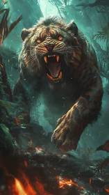 Sabertooth predator charging through ember-lit jungle environment.