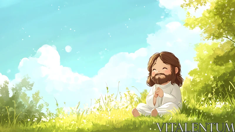 Smiling figure resting in sunlit meadow under bright sky.