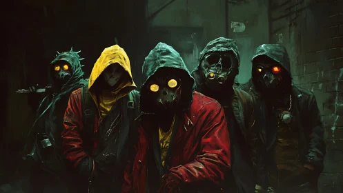 Cyberpunk gang in plague masks under neon-drenched alley gloom.