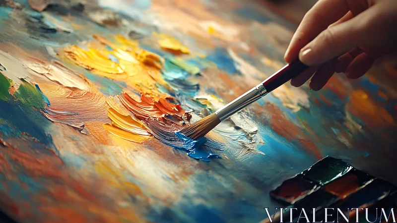 Hand applying thick paint to colorful abstract canvas.