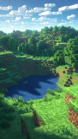 Voxel hillside lake glows under bright pixelated daylight
