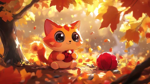 Adorable Orange Cat Among Glowing Autumn Leaves