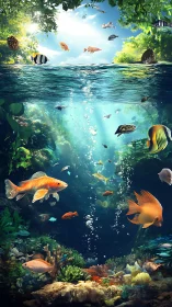 Shimmering river fish share a sunlit underwater garden
