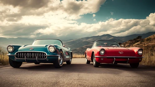 Two classic convertibles parked on rural mountain road.