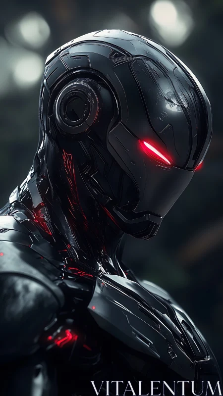 Cybernetic combat exoskeleton with red luminous optics profile