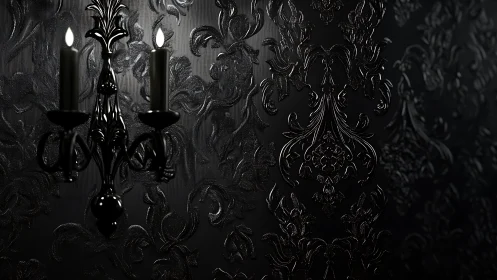 Black candle sconce against glossy baroque damask wall.