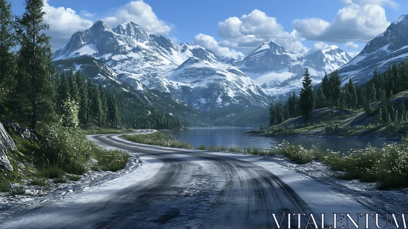 Snow-dusted mountain road curving beside alpine lake.