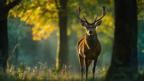Majestic stag stands in golden forest light at dawn