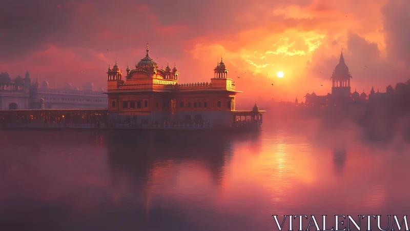 Golden temple sunset over reflective misty lake panorama.