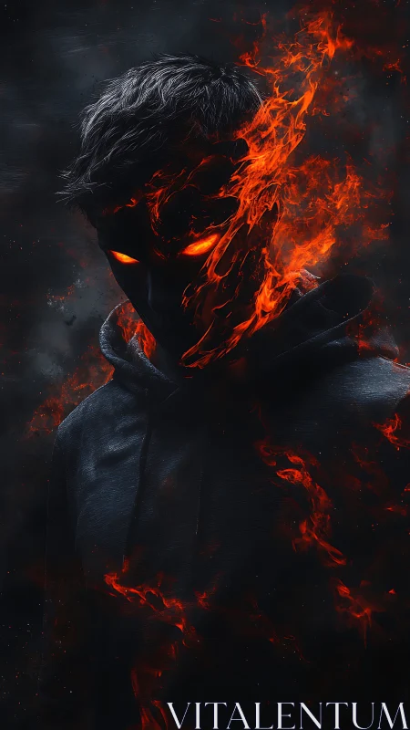 Pyrokinetic hooded entity with asymmetrical infernal facial combustion.