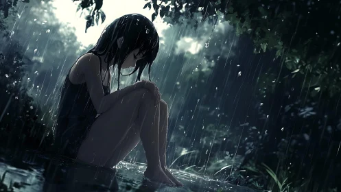 Solitary anime girl in heavy forest rain, reflective mood, dusk