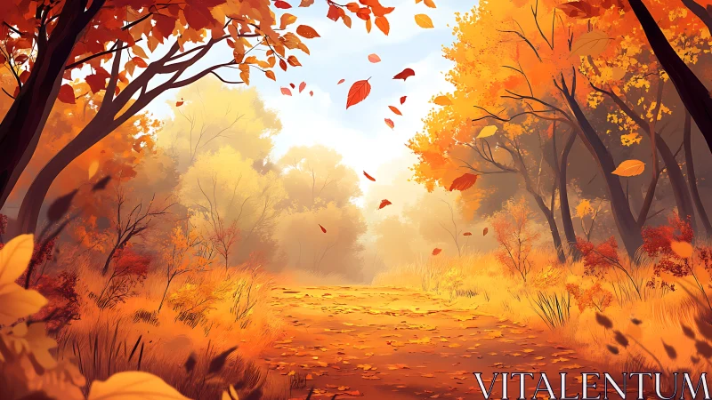 Autumn's Gilded Corridor: Where Leaves Dance Through Luminous Mist.