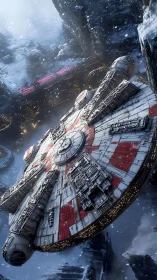 Angular starship descent through icy canyon in cinematic 3D