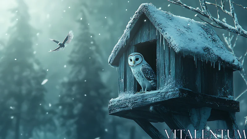 Snowy owl in rustic wooden birdhouse, winter forest scene, digital art.