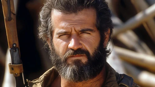 Bearded man in outdoor setting with visible rifle stock.