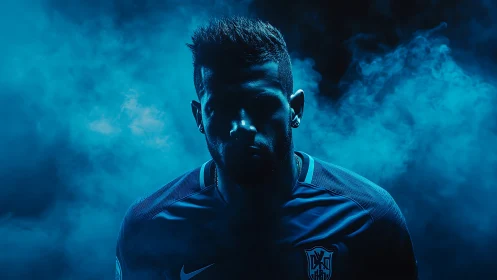 Blue-lit footballer silhouette emerges through dense smoke