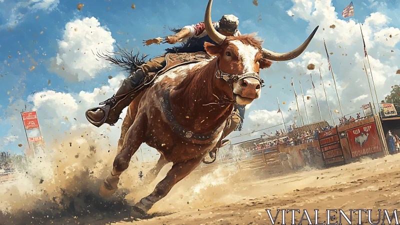 Dust-charged rodeo bull charge under vivid summer skies.