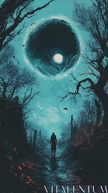 Lone wanderer under swirling void moon in haunted forest.