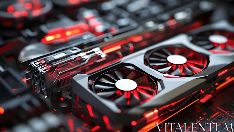 High-performance graphics card with red LED lighting, futuristic style.