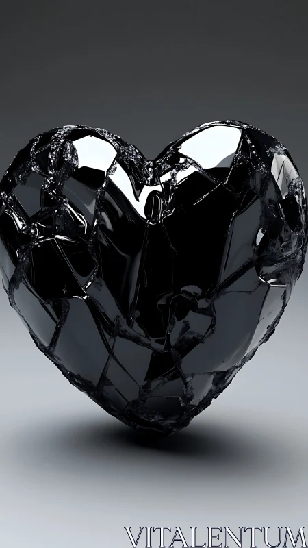 Fractured black glossy heart sculpture with jagged crystalline surface