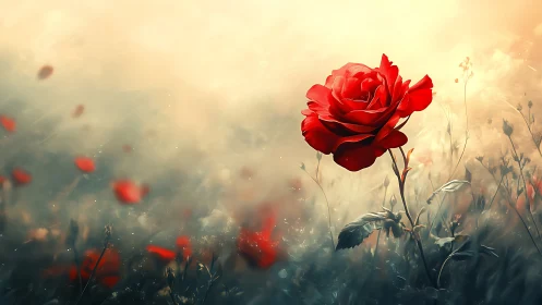 Red Rose in Misty Field - Digital Illustration.