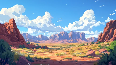 Sunlit desert mesa panorama rendered in stylized digital painting