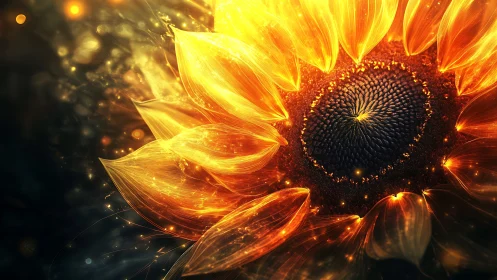 Luminescent sunflower macro with radiant particle dynamics.