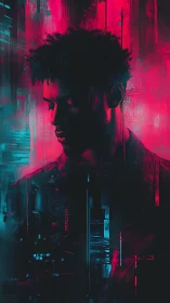 Profile portrait of male figure in neon cyan and magenta lighting