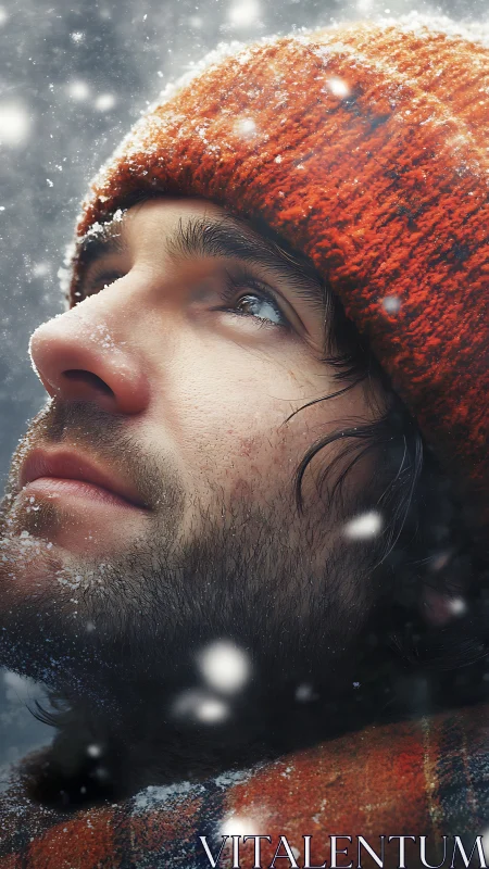 Snowlit bearded man in orange knit hat gazes upward thoughtfully.