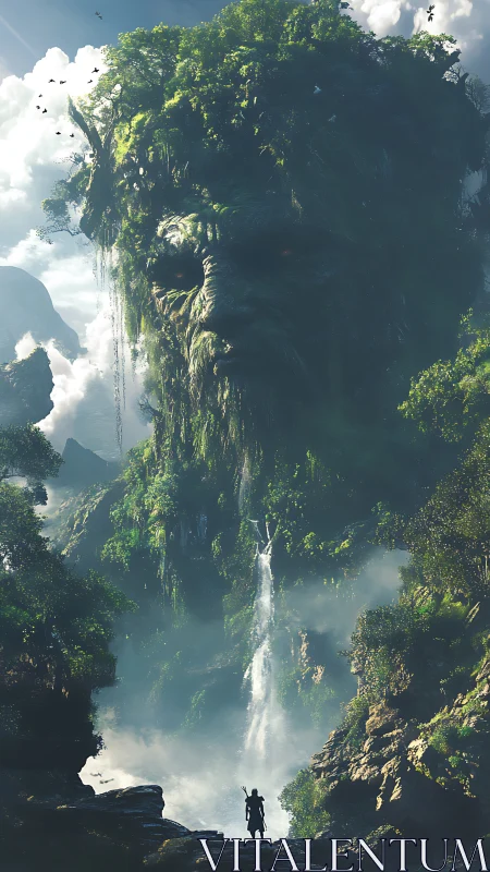 Colossal vegetated stone face forms cliffside waterfall guardian