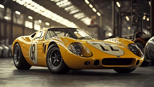 Low-slung vintage race car under warm industrial lights.