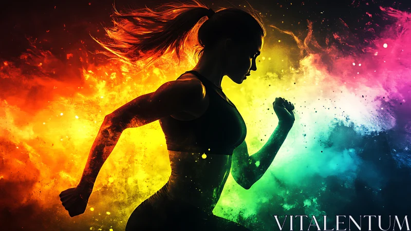 Silhouetted female runner cuts through explosive neon color field