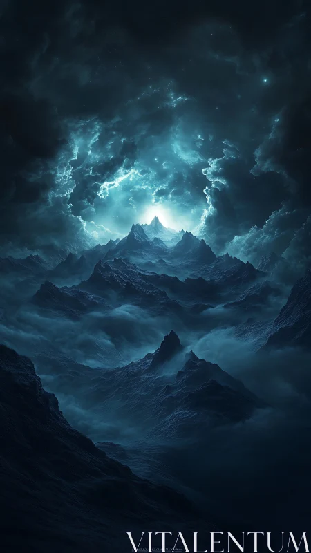 Celestial storm over misted mountains in teal glow.