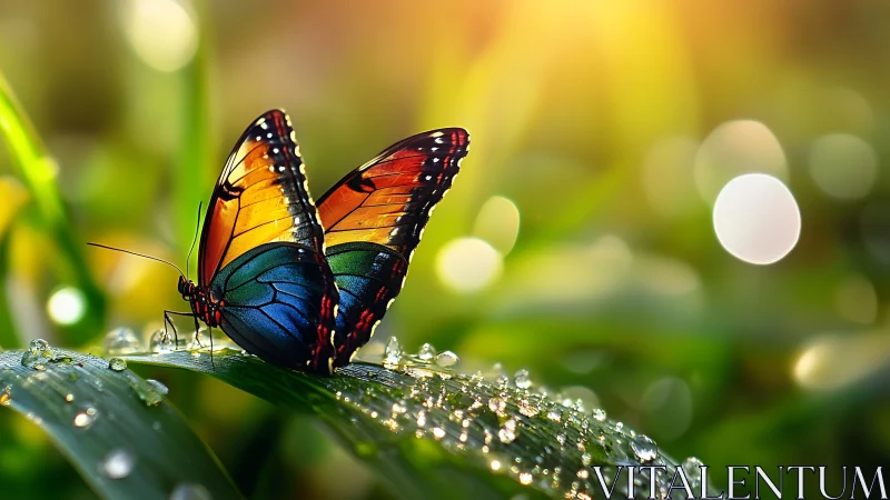 Rainbow-winged butterfly hums morning light across dew