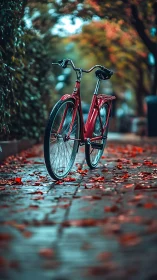 Red bicycle on wet pavement with autumn leaves and foliage backdrop.