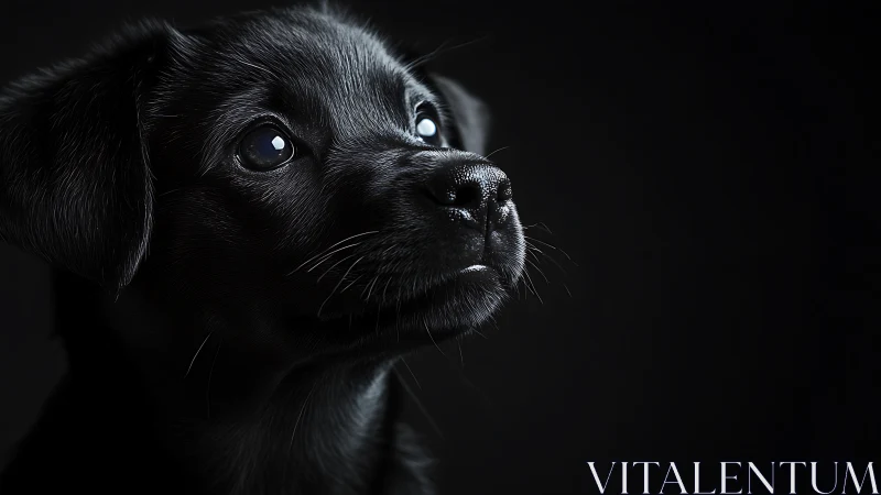 Close-up profile portrait of black puppy on dark background.