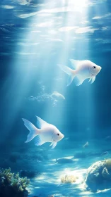 Volumetric caustics on twin white reef fish in pelagic glow.