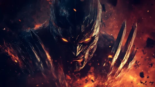 Armored demonic warrior emerging from fire and ash.