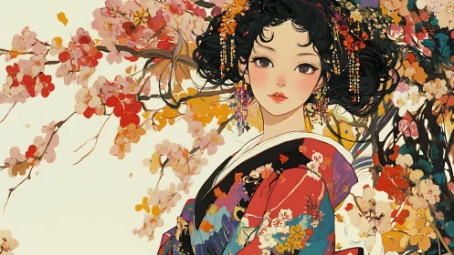 Elegant kimono portrait framed by stylized blossoms.