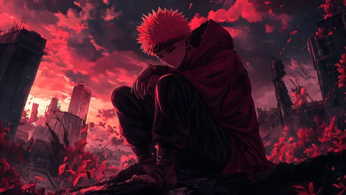 Solitary hooded figure in ruined red cityscape at dusk.