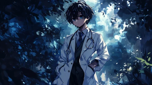 Serious young anime doctor standing in a dark forest path.