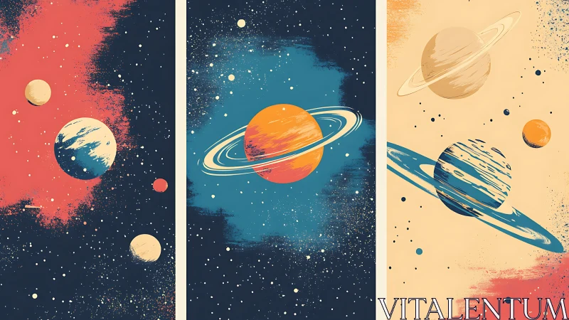 Stylized triptych of ringed planets and abstract starfields.