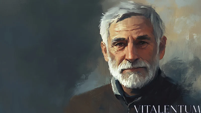 Elderly man gazes softly ahead in a textured painted portrait