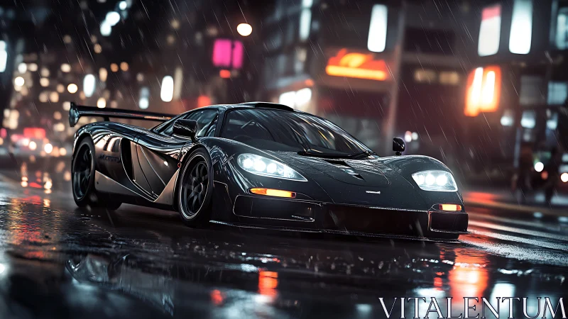Midnight supercar cuts through neon soaked city rain.