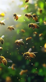 Swarm of honeybees gliding through sunlit green airspace.