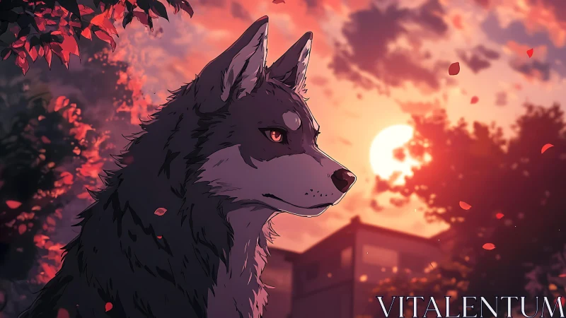 Twilight wolf quietly watching petals drift on warm wind.