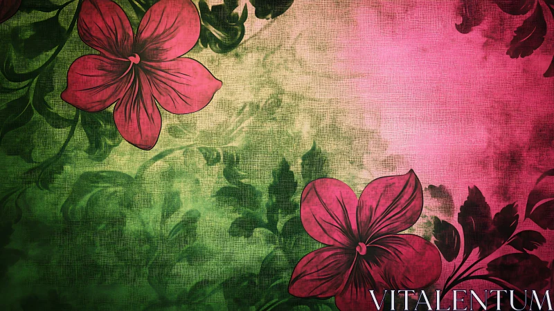 Crimson Flowers on Textured Green Garden Canvas